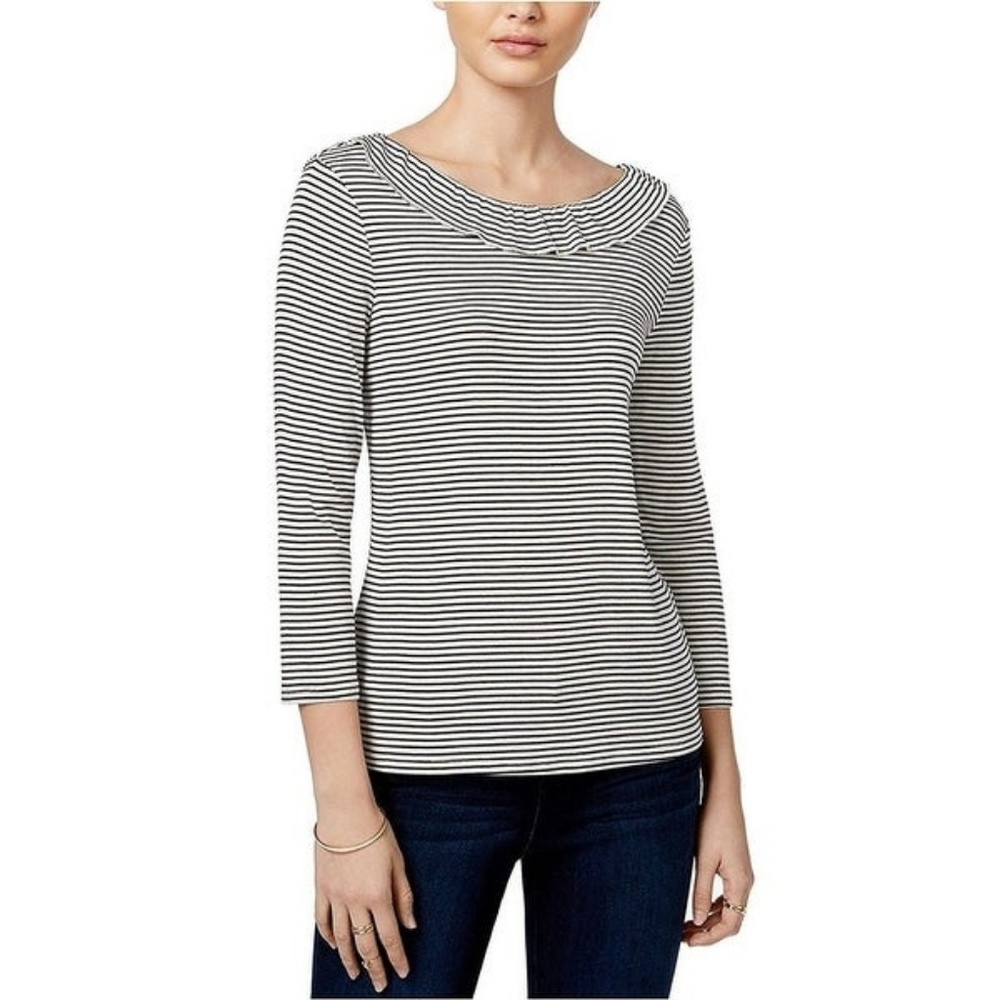 Maison Jules Ruffled Collar Striped Top Size M